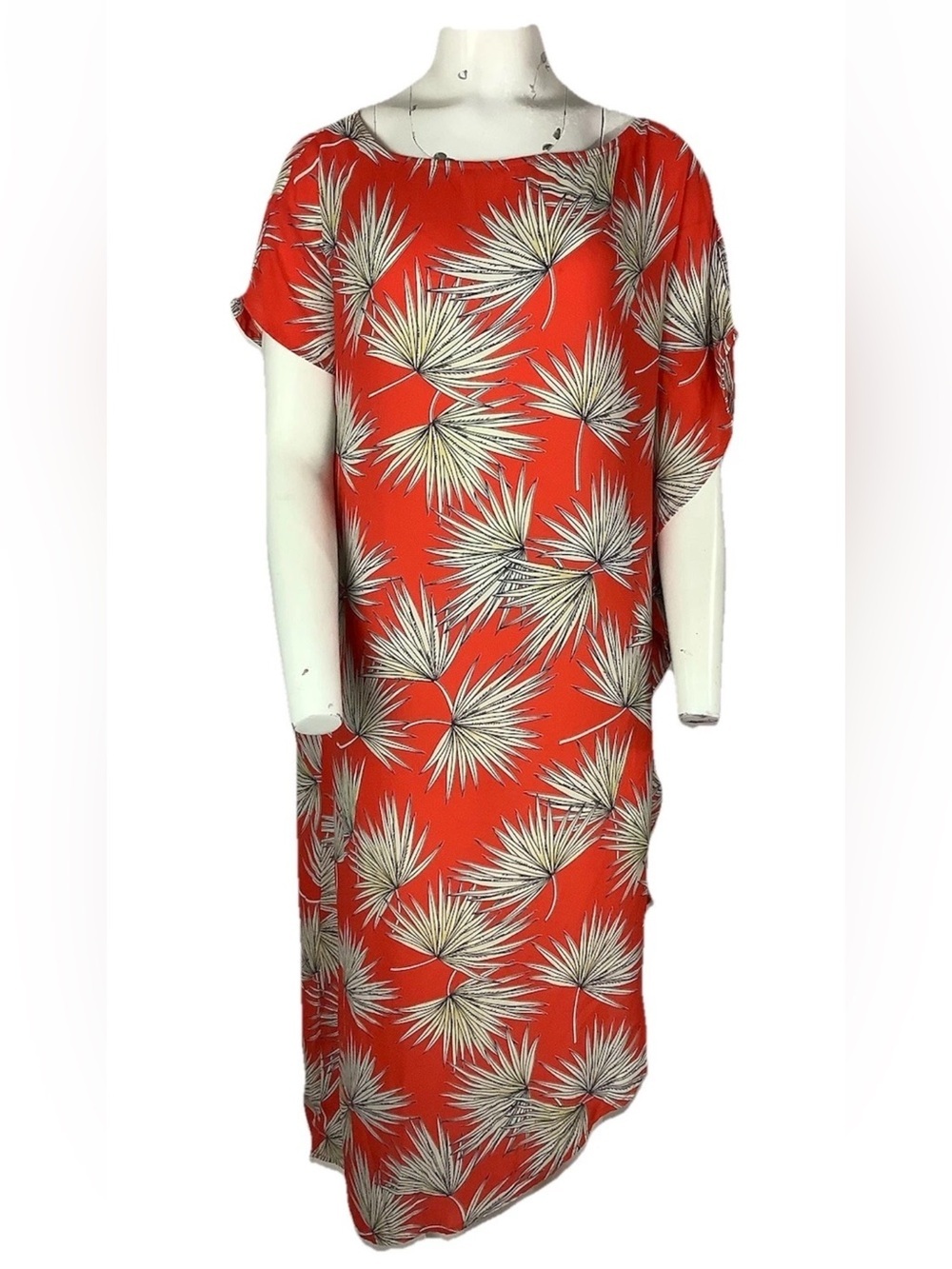 Asher Sz S Palm Tropical Print Maxi Kaftan Vacation Beach Satin Dress Red